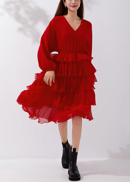 New Red V Neck Elastic Waist Chiffon Pleated Dresses Fall AM1019