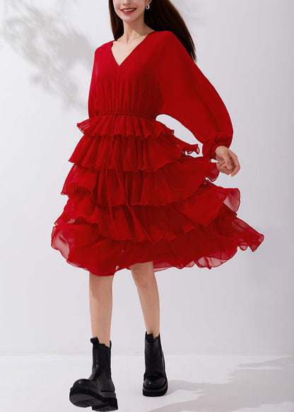 New Red V Neck Elastic Waist Chiffon Pleated Dresses Fall AM1019