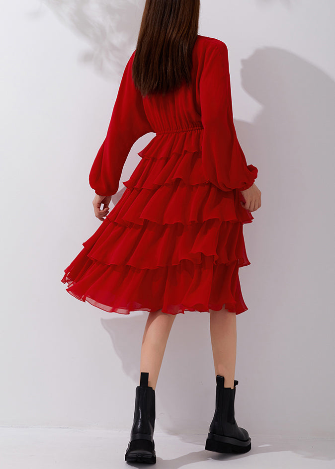 New Red V Neck Elastic Waist Chiffon Pleated Dresses Fall AM1019