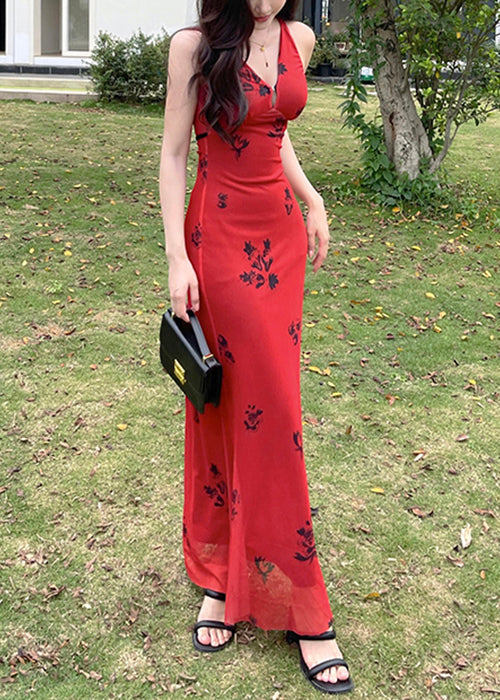 New Red V Neck Print Tulle Maxi Dresses Sleeveless YT025