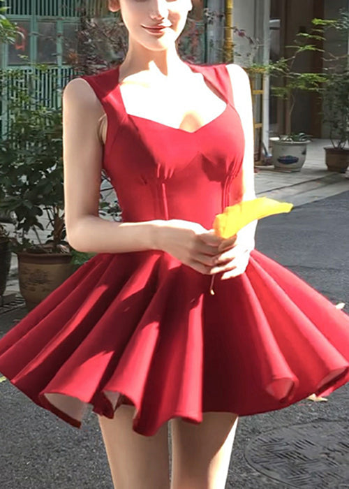 V Nouvelles robes mini à col rouge en coton sans manches et fermeture éclair