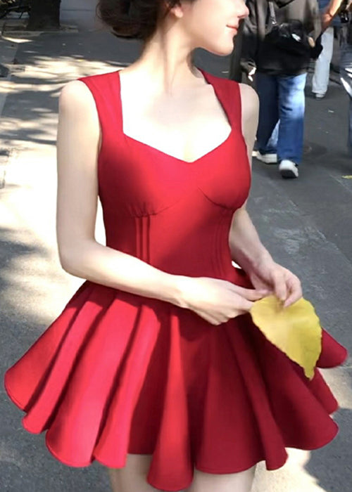 V Nouvelles robes mini à col rouge en coton sans manches et fermeture éclair