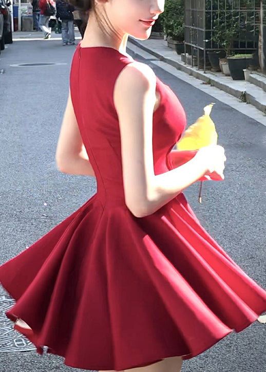 V Nouvelles robes mini à col rouge en coton sans manches et fermeture éclair