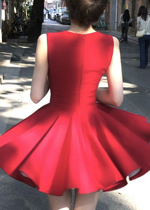 V Nouvelles robes mini à col rouge en coton sans manches et fermeture éclair
