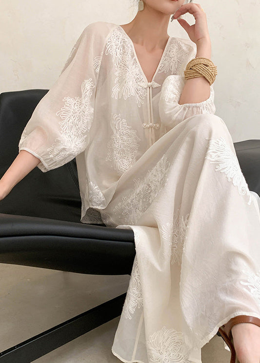 Embroidered Two Beige Piece Retro New Set Cotton Summer Outfits