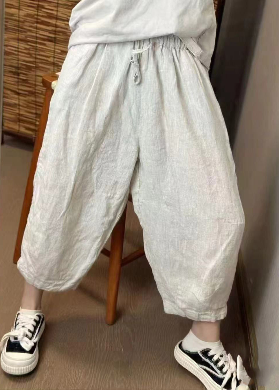 Pantalon d'été surdimensionné en lin beige rétro sarouel