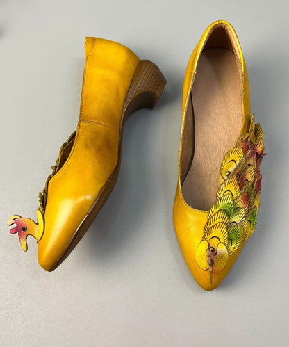 New Retro Ethnic Style Yellow Pointed Toe Cowhide Leather Shoes KJ055