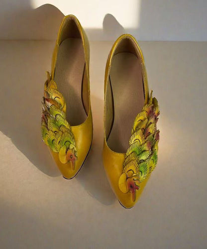 New Retro Ethnic Style Yellow Pointed Toe Cowhide Leather Shoes KJ055