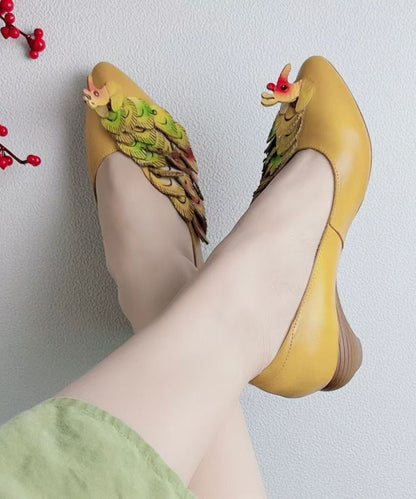 New Retro Ethnic Style Yellow Pointed Toe Cowhide Leather Shoes KJ055