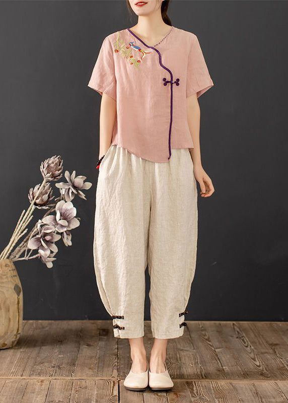 Neues chinesisches Retro-Sommer-Outfit mit bestickten Knöpfen in Rosa 2