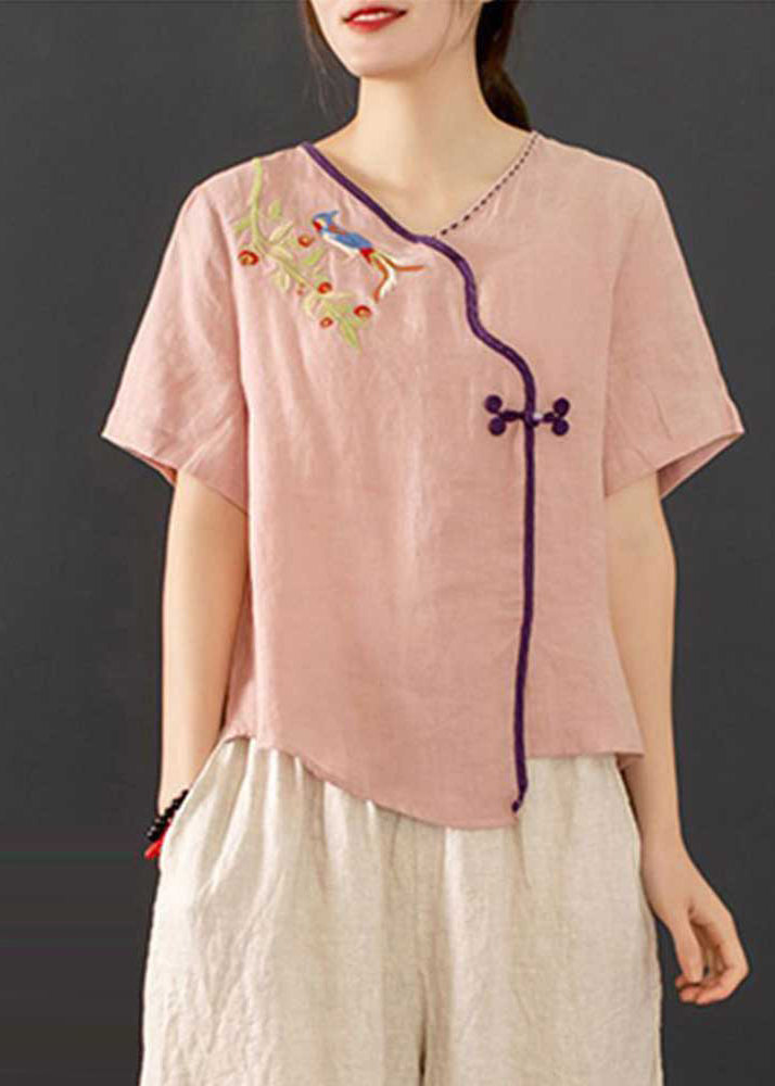 Neues chinesisches Retro-Sommer-Outfit mit bestickten Knöpfen in Rosa 2