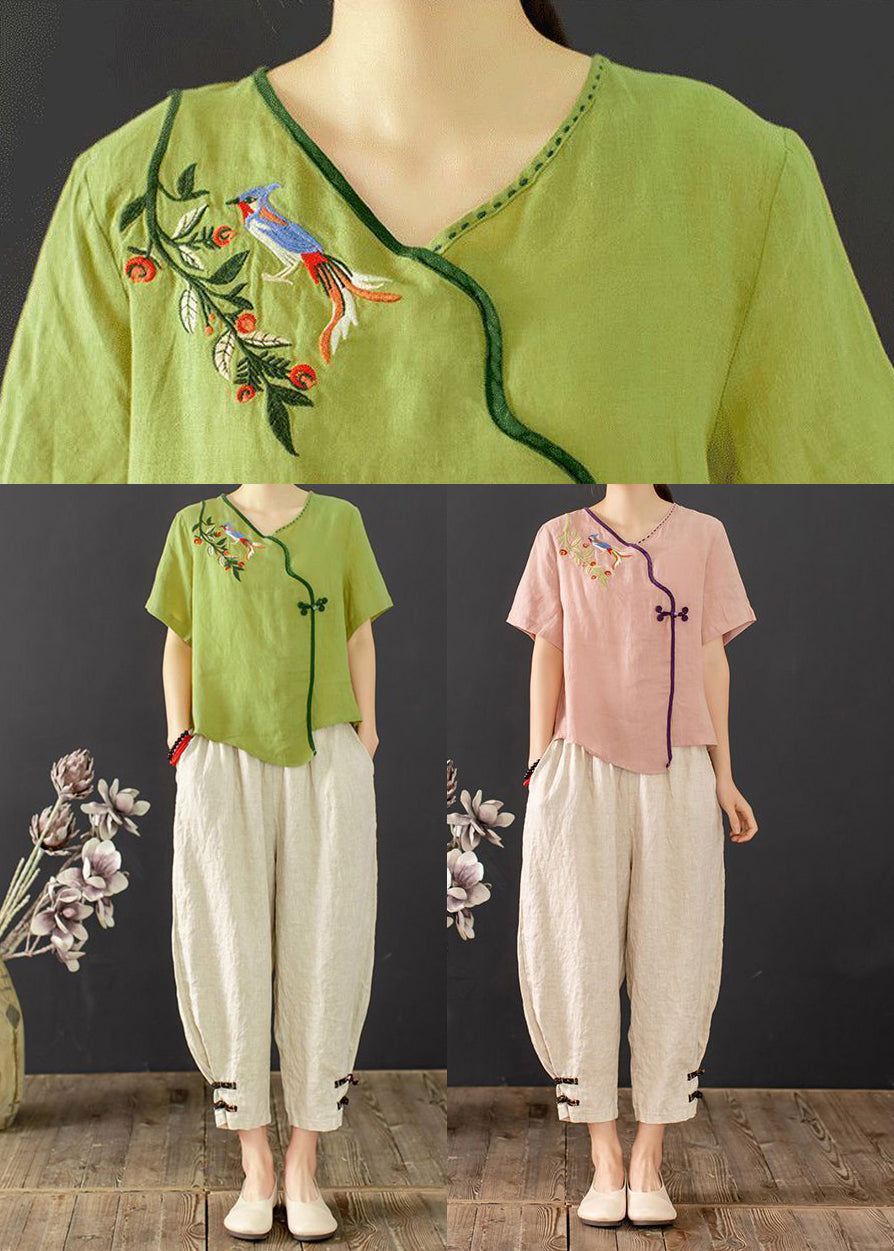 Neues chinesisches Retro-Sommer-Outfit mit bestickten Knöpfen in Rosa 2