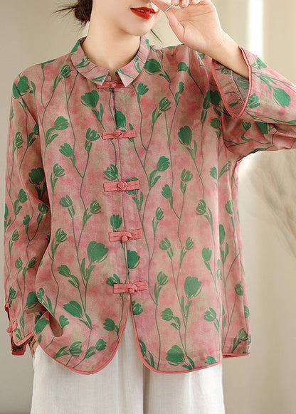 New Retro Pink Peter Pan Collar Print Chinese Button Cotton Shirts Top Fall OO040