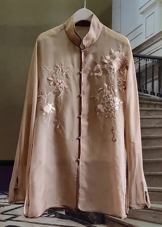 New Rose Embroidered Button Tulle Shirt Long Sleeve Ada Fashion