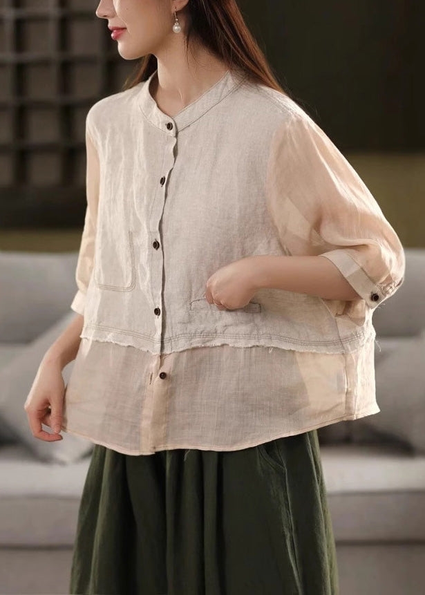Linen Blouses Neck O Button Patchwork Summer Rose New