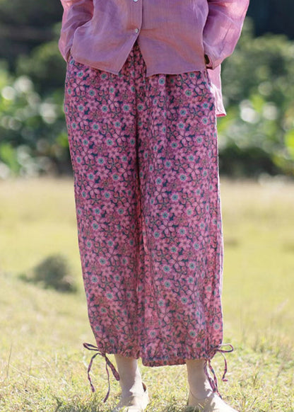 New Rose Ruffled Print Lace Up Linen Crop Pants Summer GH1075