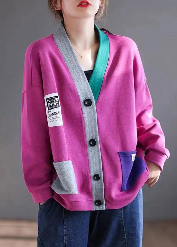 Rose Button Cardigan V Patchwork Spring Neck New Cotton