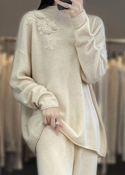 New Simple Beige Embroidered Wool Knit Pullover Spring TQ015