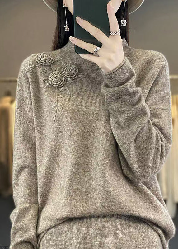 New Simple Beige Embroidered Wool Knit Pullover Spring TQ015