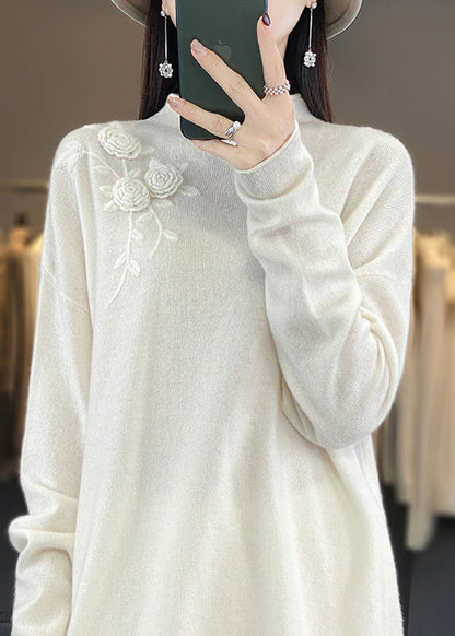 New Simple Beige Embroidered Wool Knit Pullover Spring TQ015