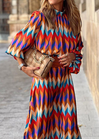 New Stand Collar Geometric Print Cotton Long Dresses Lantern Sleeve QR011