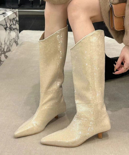 New Stylish Apricot Kitten Heels Sequins Boots WB003