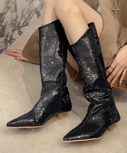 New Stylish Apricot Kitten Heels Sequins Boots WB003