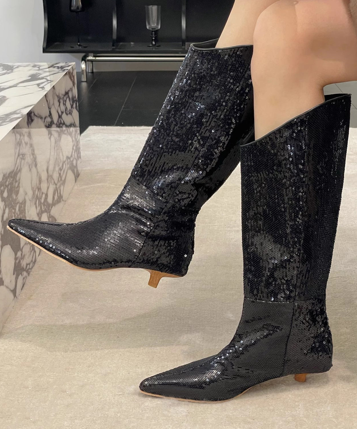 New Stylish Apricot Kitten Heels Sequins Boots WB003