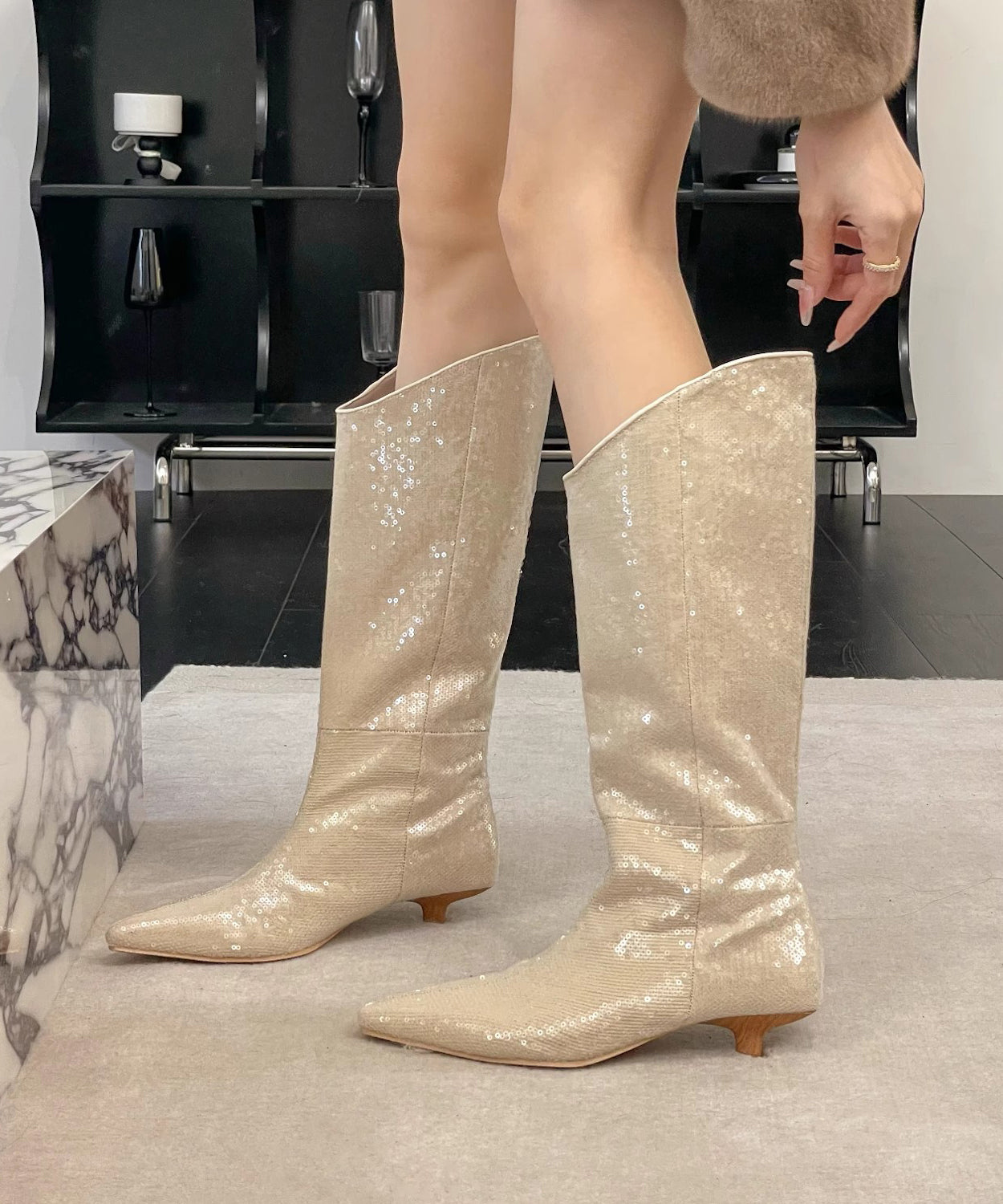 New Stylish Apricot Kitten Heels Sequins Boots WB003