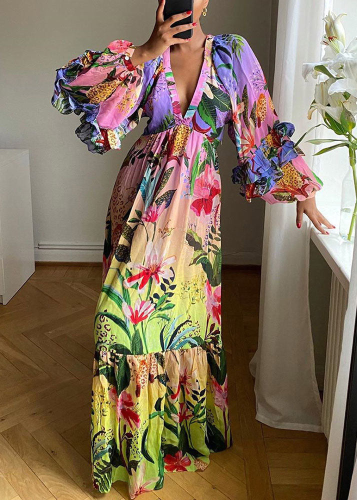 Neues Partykleid aus Baumwolle mit V-Ausschnitt und Rüschendruck, Patchwork, Frühling TL035