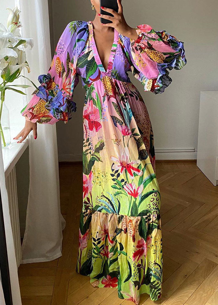 Neues Partykleid aus Baumwolle mit V-Ausschnitt und Rüschendruck, Patchwork, Frühling TL035