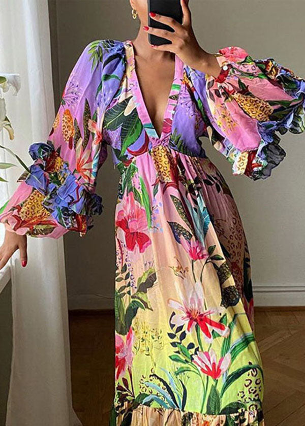 Neues Partykleid aus Baumwolle mit V-Ausschnitt und Rüschendruck, Patchwork, Frühling TL035