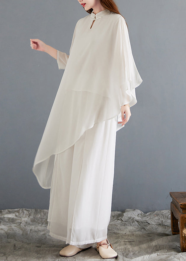 New White Asymmetrical Button Chiffon Sets 2 Pieces Half Sleeve OP1014