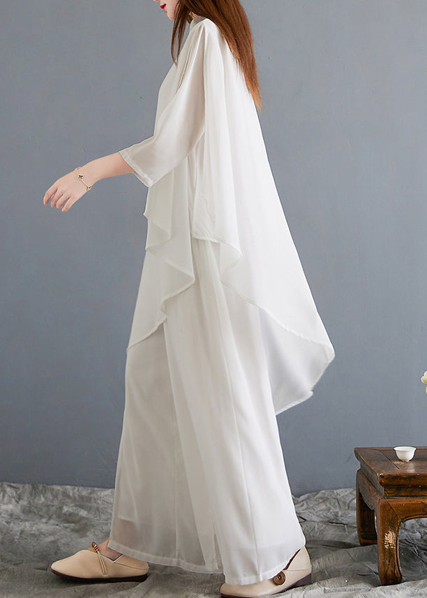 New White Asymmetrical Button Chiffon Sets 2 Pieces Half Sleeve OP1014