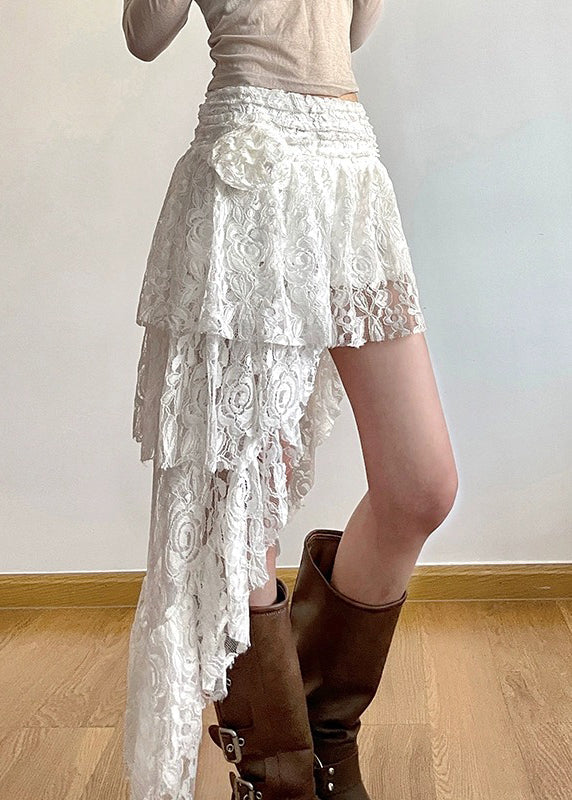 New White Asymmetrical High Waist Lace Skirts Summer KK084