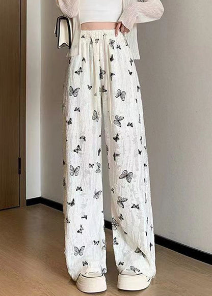 New White Butterfly Hollow Out Elastic Waist Cotton Pants Summer AB1003