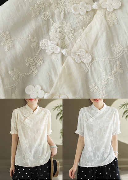 New White Embroidered Button Cotton Blouse Summer RE009