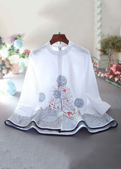 New White Embroidered Button Cotton Shirt Bracelet Sleeve VV020