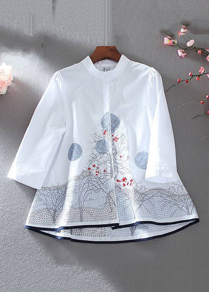 New White Embroidered Button Cotton Shirt Bracelet Sleeve VV020