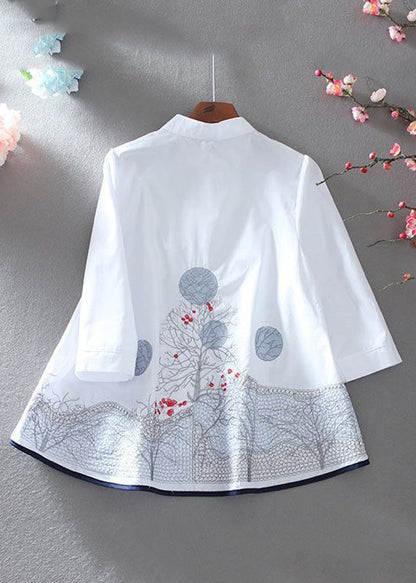 New White Embroidered Button Cotton Shirt Bracelet Sleeve VV020