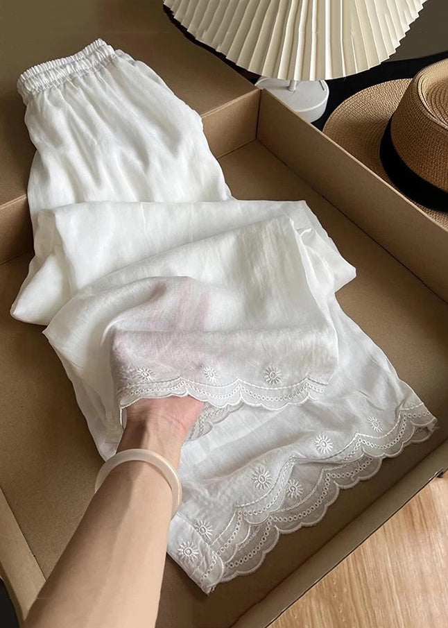 Elastic White Embroidered Linen Pants New Thin Summer Waist