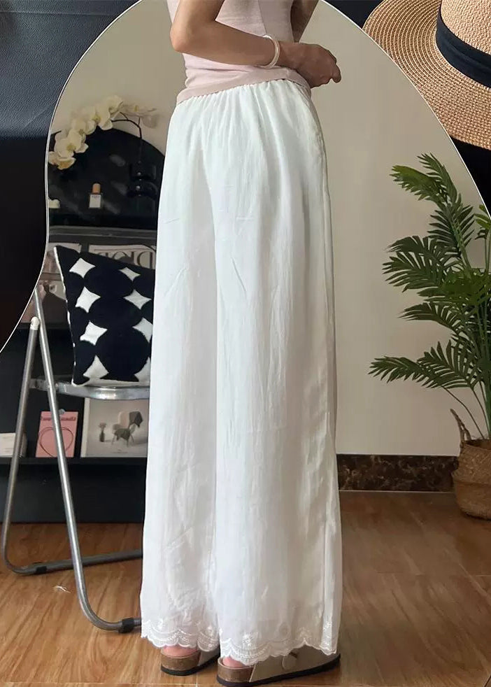 Elastic White Embroidered Linen Pants New Thin Summer Waist