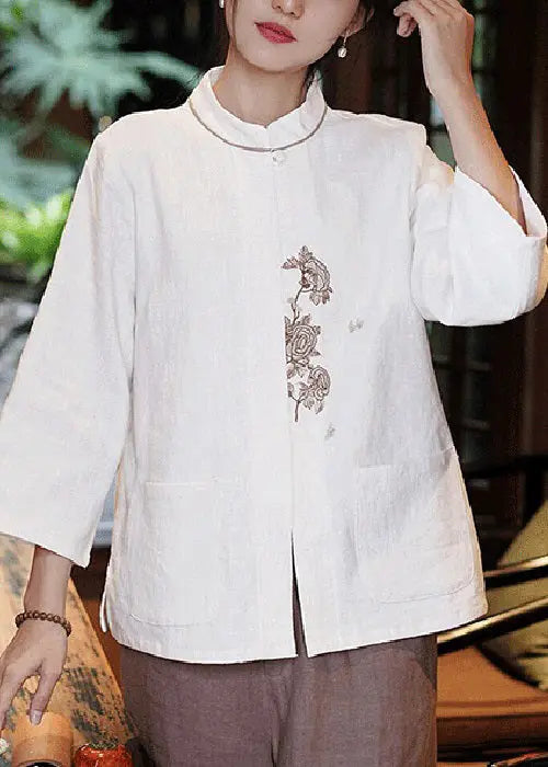 New White Embroidered Pockets Linen Shirt Long Sleeve Ada Fashion