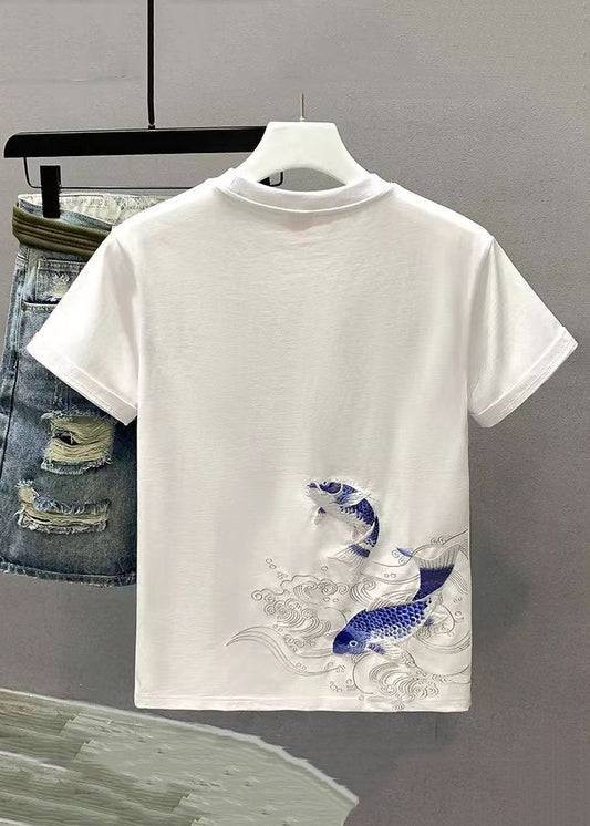 T-shirt d'été en coton blanc uni et confortable pour homme, brodé, LK065