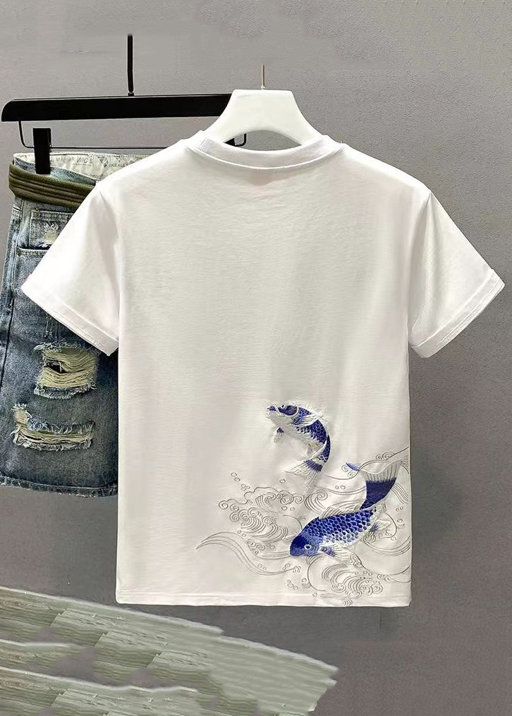 T-shirt d'été en coton blanc uni et confortable pour homme, brodé, LK065