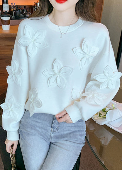 New White Floral Solid Patchwork Cotton T Shirt Fall WM029