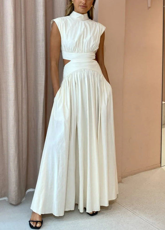 Robes Maxi Blanches en Coton Creux Neuf Froissé Été Poches Vers L'Extérieur