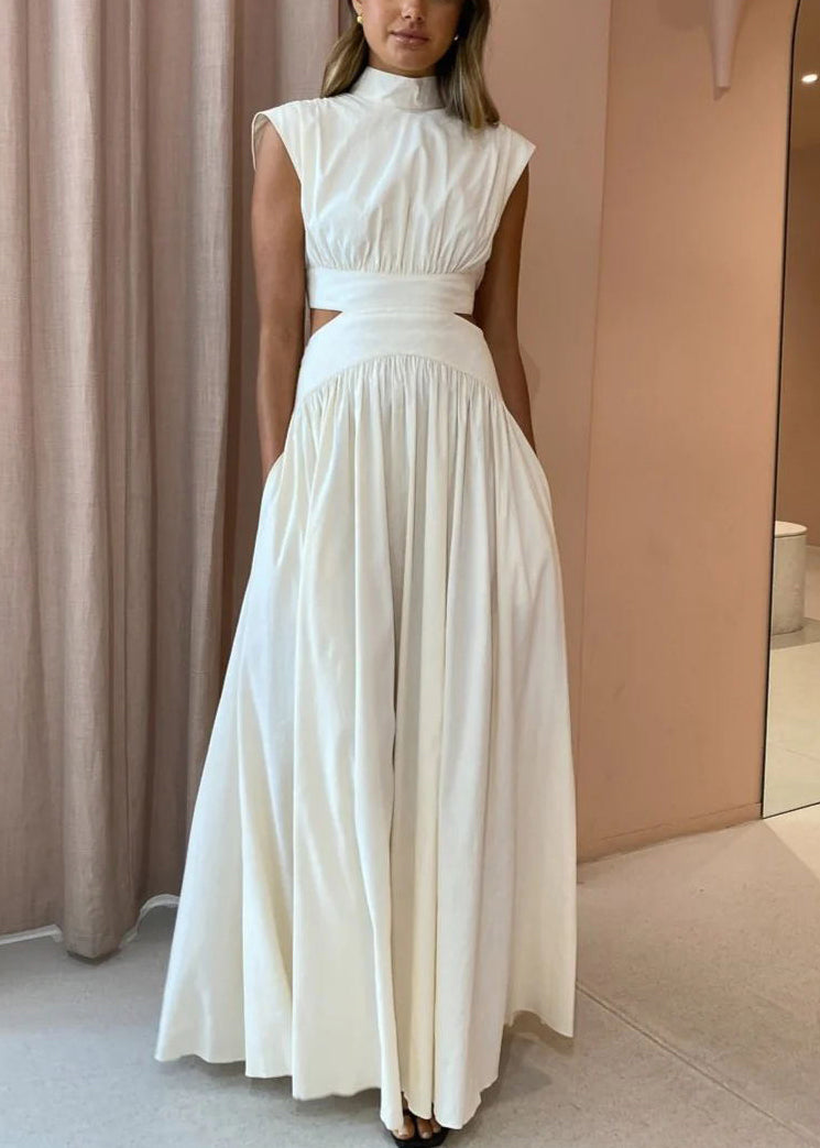 Robes Maxi Blanches en Coton Creux Neuf Froissé Été Poches Vers L'Extérieur