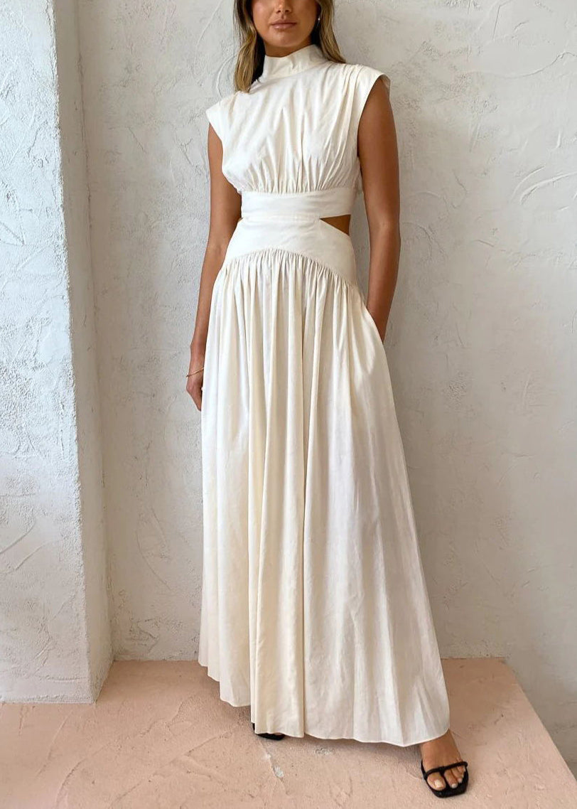 Robes Maxi Blanches en Coton Creux Neuf Froissé Été Poches Vers L'Extérieur