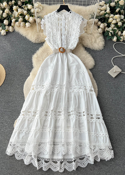 New White Lace Hollow Out Cotton Dress Sleeveless TR032